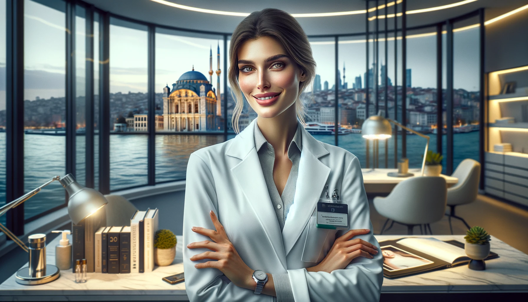 a young female plastic surgery doctor in Istanbul, situated in her modern, elegantly designed office